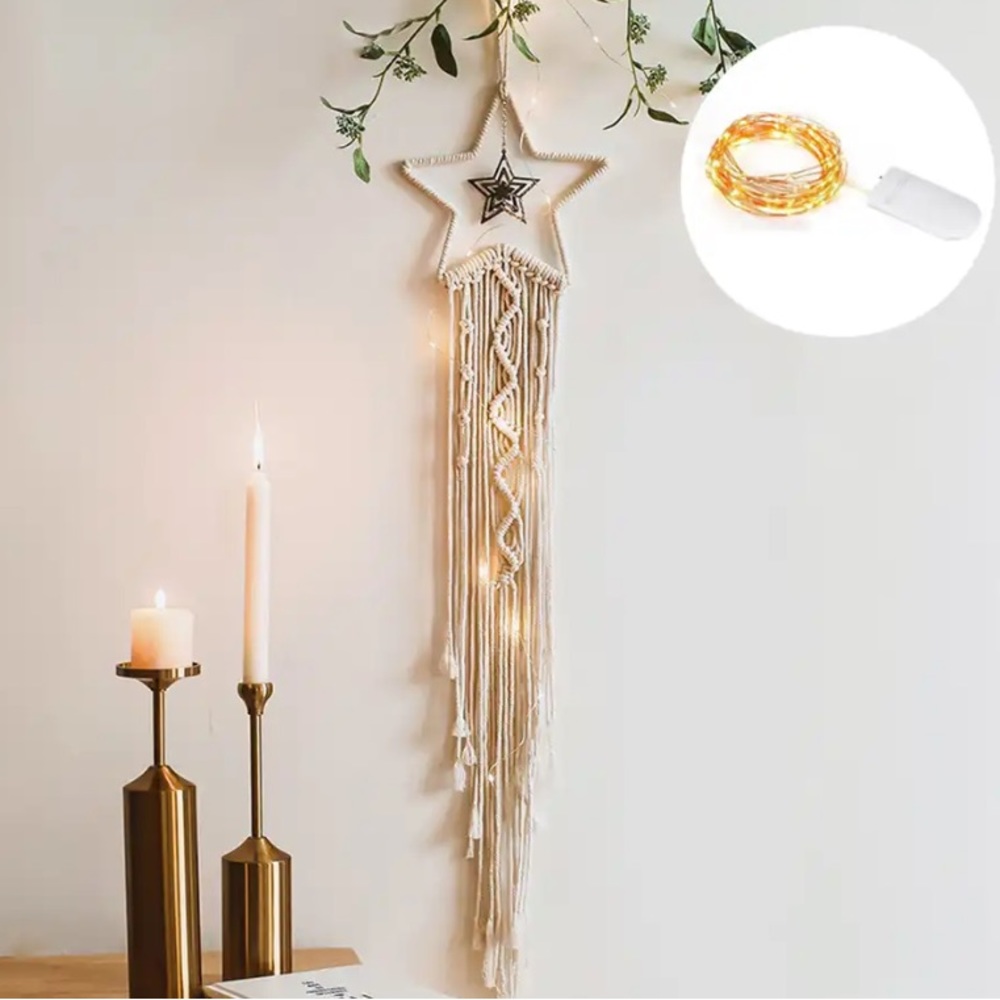 Bohemian Macramé Hanging Star Wall Art with Light Woven Boho Wall Hanging Décor